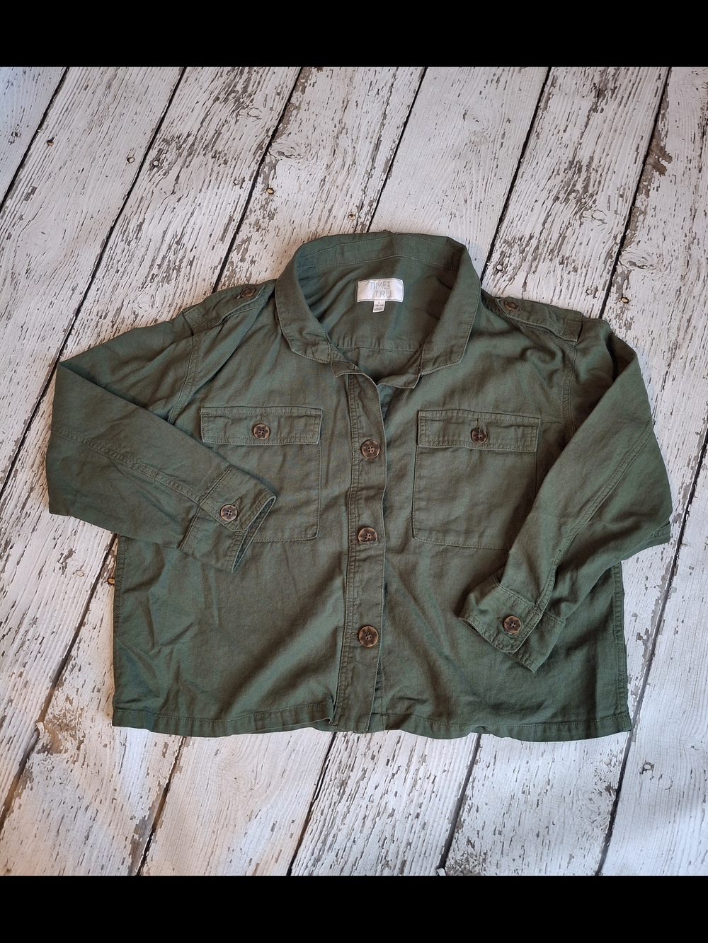 Time And TRUE Olive Green Utility Button-Front Shirt